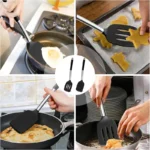 Goldoma silicone spatula set with two heat-resistant spatulas on a nonstick pan