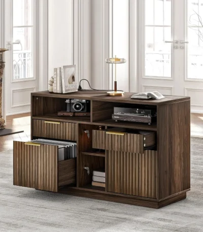 4 Drawer File Cabinet, Fluted Wood Lateral Filing Cabinet with Lock and Charging Station for Home Office, Printer, Customized