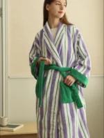 Color Matching Cotton Bathrobe Striped CottonYarn Bathrobes Soft Cozy Absorbent Bath Towel Robes V Neck Hooded Loose