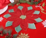 Holiday Christmas Applique Poinsettia Red Green Embroidered Christmas Flower Table Placemat for Home Dinner Xmas Table Top