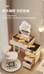 Luxury modern dressing table with mirror and stool in bedroom setting featuring compact vanity with drawers