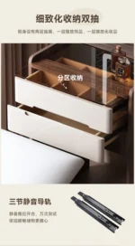 Modern dressing table organizer with shelves for makeup and jewelry in a minimalist bedroom setting