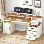 Farmhouse Computer Desk with Drawers, 65'' Home Office Desk with Power Outlets, Storage Cabinet and Printer Stand,