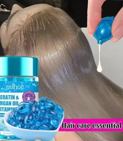 Magic Hair Vitamin Capsule Keratin Oil bottle on white background, front view showing label