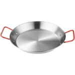 Stainless steel paella pan with double ears on a stove