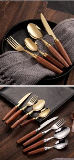 4-piece stainless steel flatware set with sapele wooden handles on a table