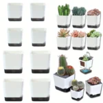 White self-watering planter with water reservoir on wooden table, side view showing water level indicator.