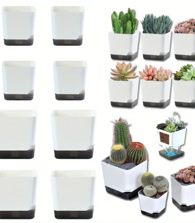 White self-watering planter with water reservoir on wooden table, side view showing water level indicator.