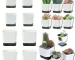 White self-watering planter with water reservoir on wooden table, side view showing water level indicator.