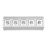 Stainless steel spice rack with 5 pans and lids on kitchen countertop