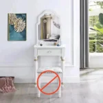Modern white dressing table with mirror and stool in a bedroom setting
