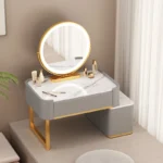 Modern minimalist dressing table with storage shelf for makeup organization in a bedroom