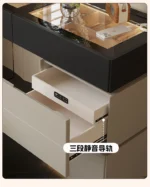 Minimalist modern dressing table with mirror and stool in a bedroom setting with 4 drawers and 4 doors