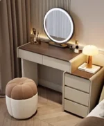Modern makeup vanity desk with mirror and stool in cream finish - Goldoma