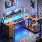 L Shaped Desk with 4 Drawers and Storage Shelves, L Shaped Gaming Desk with LED Lights amp Power Outlets, Computer Desk with