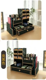 Wooden office accessory on a shelf in a modern living room, with decorative items around.