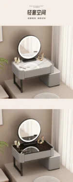 Modern minimalist dressing table with storage shelf for makeup organization in a bedroom