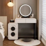 Modern white wood dressing table with mirror and three drawers in bedroom setting