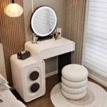 Modern white wood dressing table with mirror and three drawers in bedroom setting