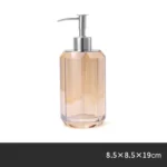 Soap dispenser and toothbrush holder set on wooden shelf.