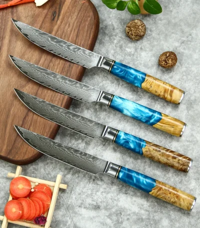Amber 67-layer Damascus Steel 4pcs 5-inch Steak Kitchen Knife Set kitchen tool Resin with burl wood Handle Sharp Tools