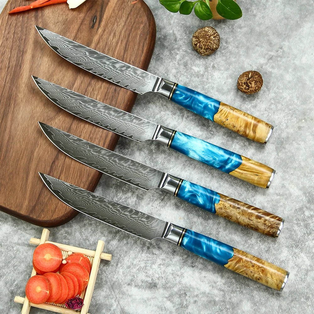 Amber 67-layer Damascus Steel 4pcs 5-inch Steak Kitchen Knife Set kitchen tool Resin with burl wood Handle Sharp Tools