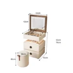 Modern lifting vanity table with mirror in cream finish, featuring rotating top and adjustable height for bedroom use