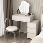 Modern minimalist vanity table with mirror and stool, wood construction, bedroom furniture