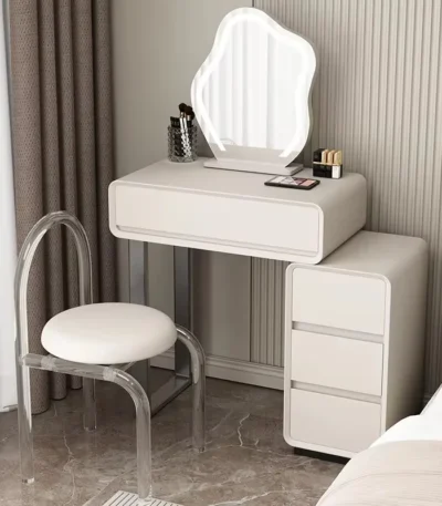 Modern minimalist vanity table with mirror and stool, wood construction, bedroom furniture