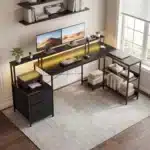 JHK 75IN L-Shaped Computer Desk with Power Outlet and LED Strip 2 Drawers For Study Office Gaming Wood Table Modern Work