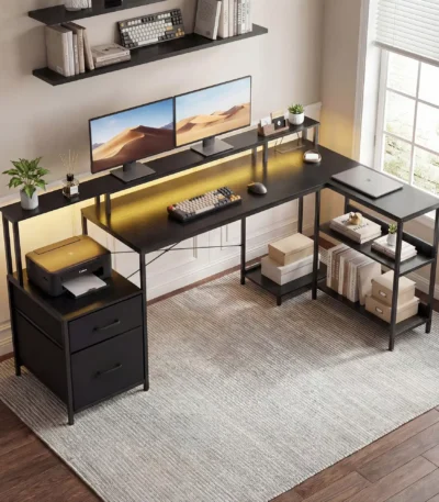 JHK 75IN L-Shaped Computer Desk with Power Outlet and LED Strip 2 Drawers For Study Office Gaming Wood Table Modern Work