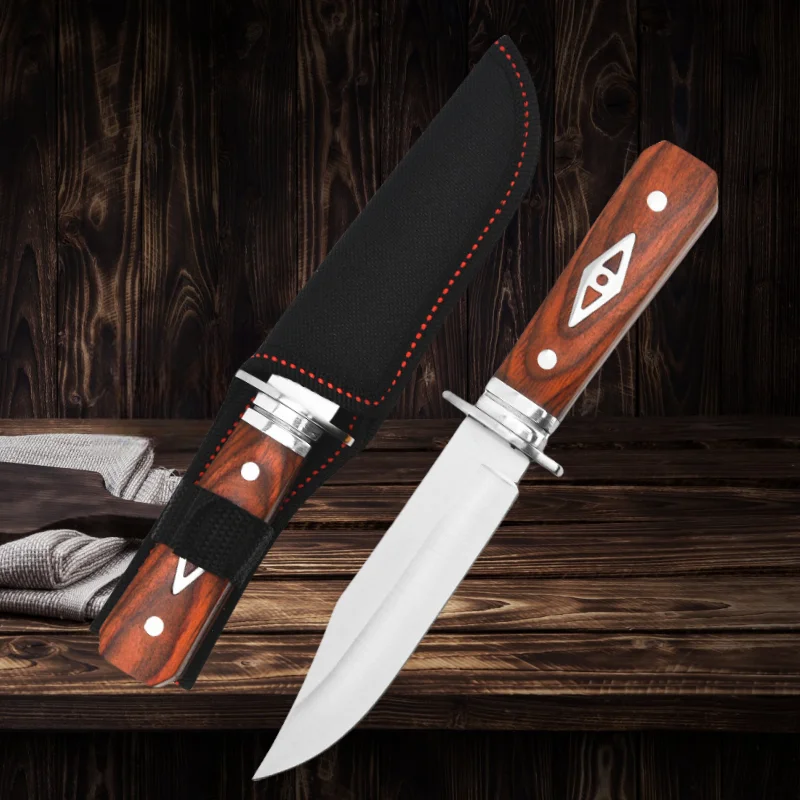 Goldoma stainless steel kitchen knife set including boning knife, chef knife, and cleaver on cutting board