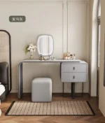 modern extendable dressing table with mirror and stool in a bedroom
