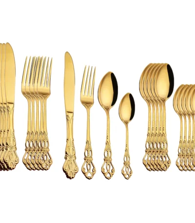 24-piece stainless steel cutlery set with gold handles displayed on a wooden table
