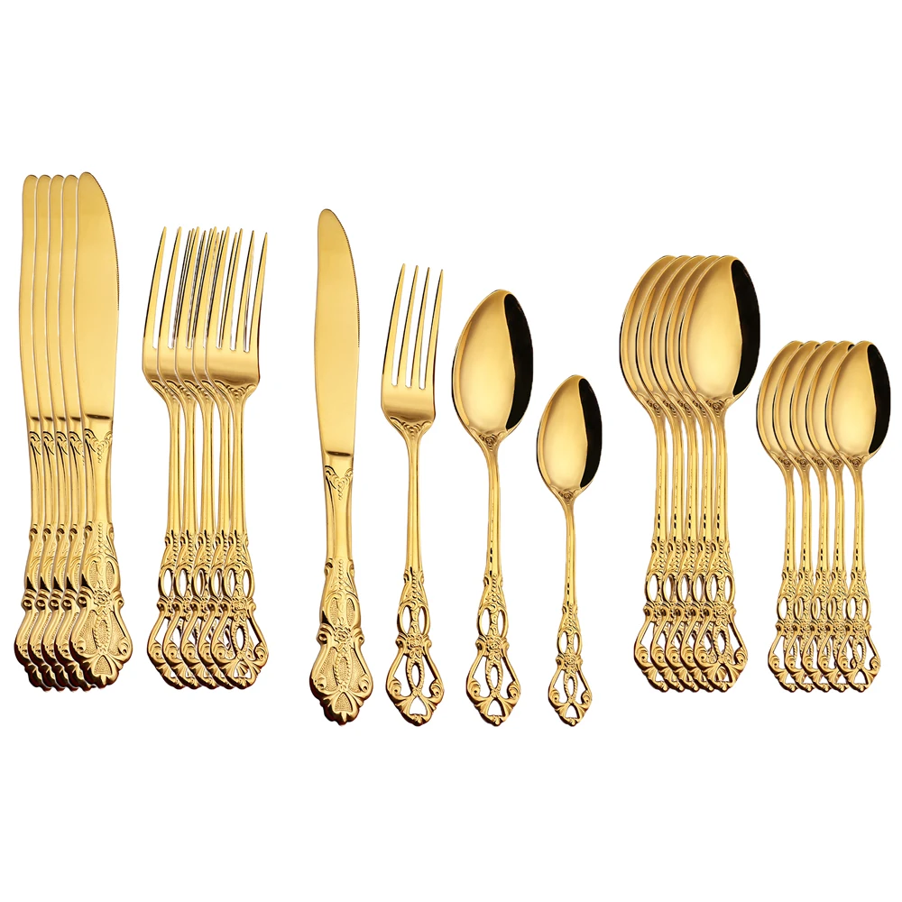 24-piece stainless steel cutlery set with gold handles displayed on a wooden table