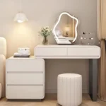 Modern bedroom vanity table with mirror and storage drawers, makeup vanity desk with stool