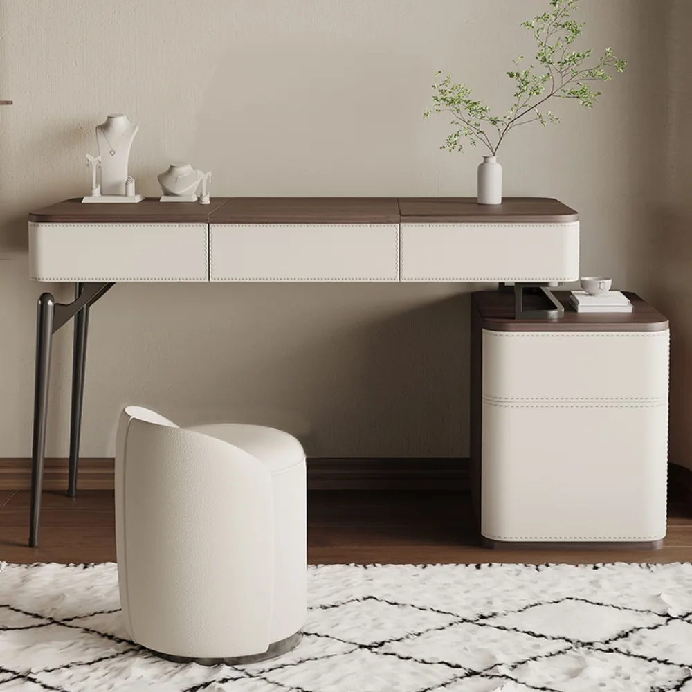 Corner Dressing Table with Mirror and Stool – White Vanity Makeup Desk