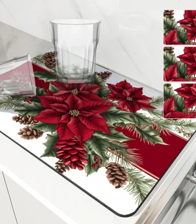 Absorbent Coffee Mat Dish Draining Mat Christmas Holly Pine Kitchen Drying Mat Quick Bathroom Drain Pad Kitchen Faucet
