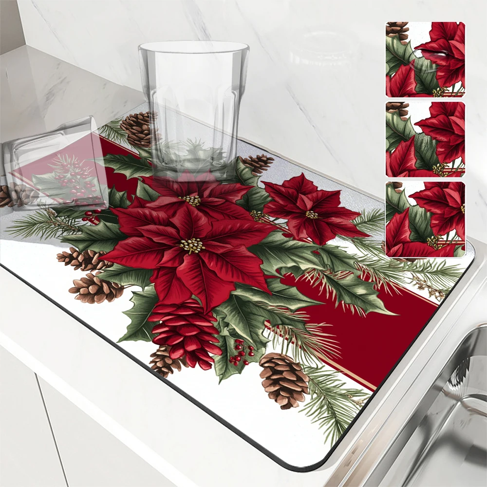 Absorbent Coffee Mat Dish Draining Mat Christmas Holly Pine Kitchen Drying Mat Quick Bathroom Drain Pad Kitchen Faucet
