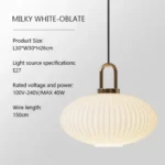 Japanese design pendant light with a ribbed glass shade, hanging over a reading nook with a chair.