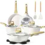 Pots and Pans Set Non Stick - 14 Pcs White Granite Kitchen Cookware Sets Nonstick Induction Cookware Cooking Pan Set with F