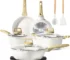 Goldoma 14-piece induction cookware set with white granite nonstick pots and pans on induction cooktop