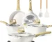 Goldoma 14-piece induction cookware set with white granite nonstick pots and pans on induction cooktop