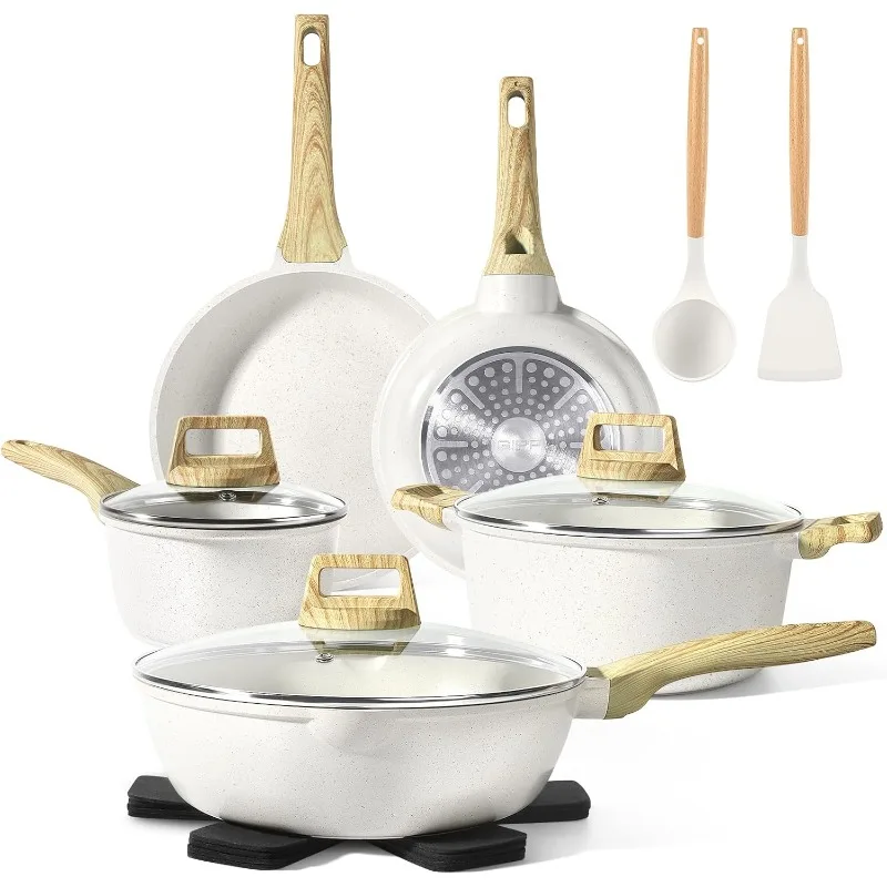 S4f6459b1eb0248aebcbe5f7562644a20I.webp Pots and Pans Set Non Stick - 14 Pcs White Granite Kitchen Cookware Sets Nonstick Induction Cookware Cooking Pan Set with F - Image 1