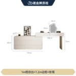 White minimalist wood dresser with mirror and stool in modern bedroom setting