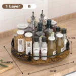 Kitchen countertop organizer with 360° rotating wooden spice rack holding oil, salt, and soy sauce bottles