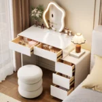Modern White Wood Dresser with Mirror and Stool – close-up detail