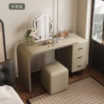 modern extendable dressing table with mirror and stool in a bedroom