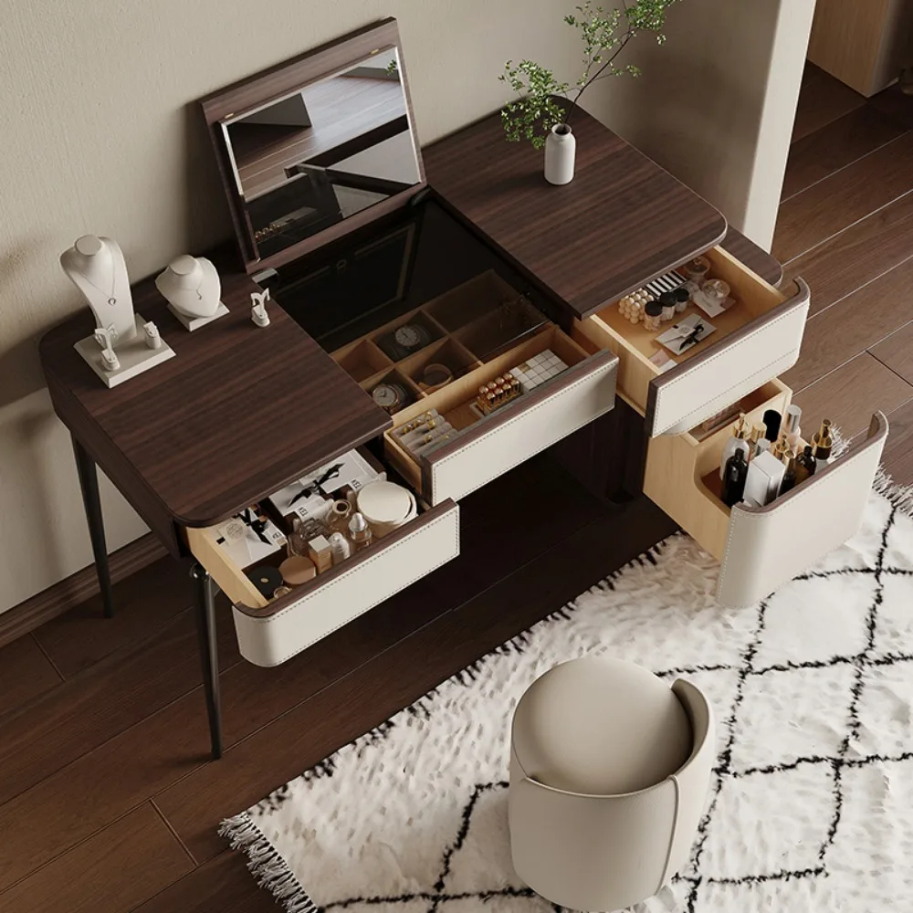 Corner Dressing Table with Mirror and Stool – White Vanity Makeup Desk