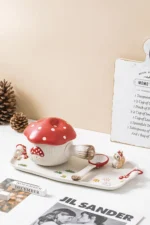 Creative Cartoon Cute Girl Heart Red Mushroom Ceramic Tableware Single Handle Bowl Soup Pot Breakfast Plate – side view